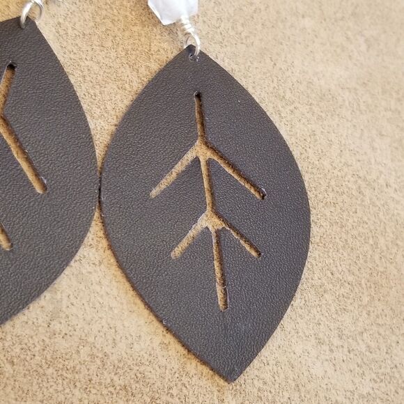 Handmade Brown Leather Leaf Earrings with White Beads - Picture 4 of 5